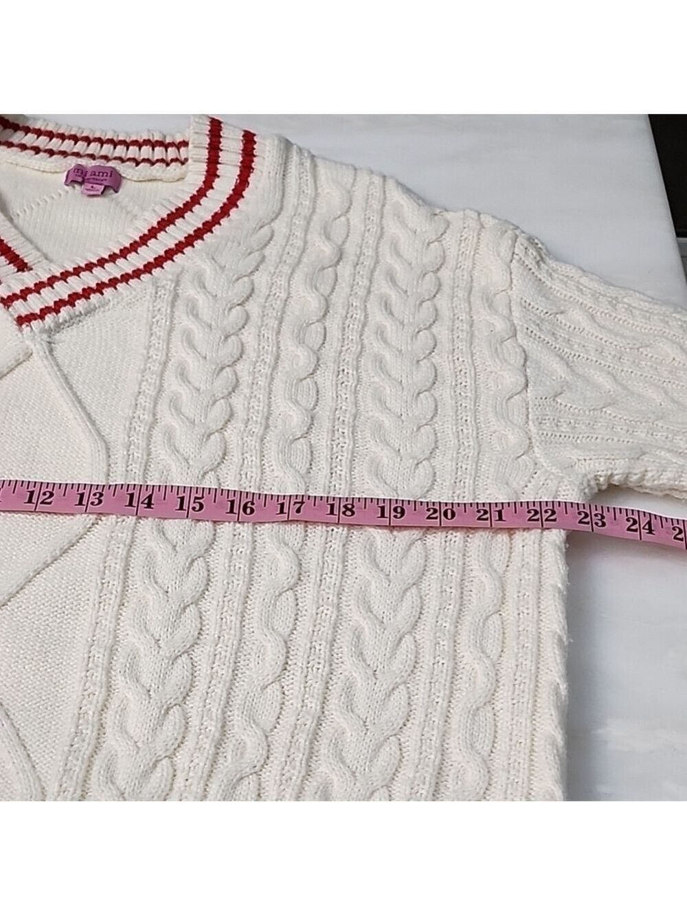 Preppy V-Neck Cable Knit Pullover Sweater With Red Stripes - Picture 6 of 6